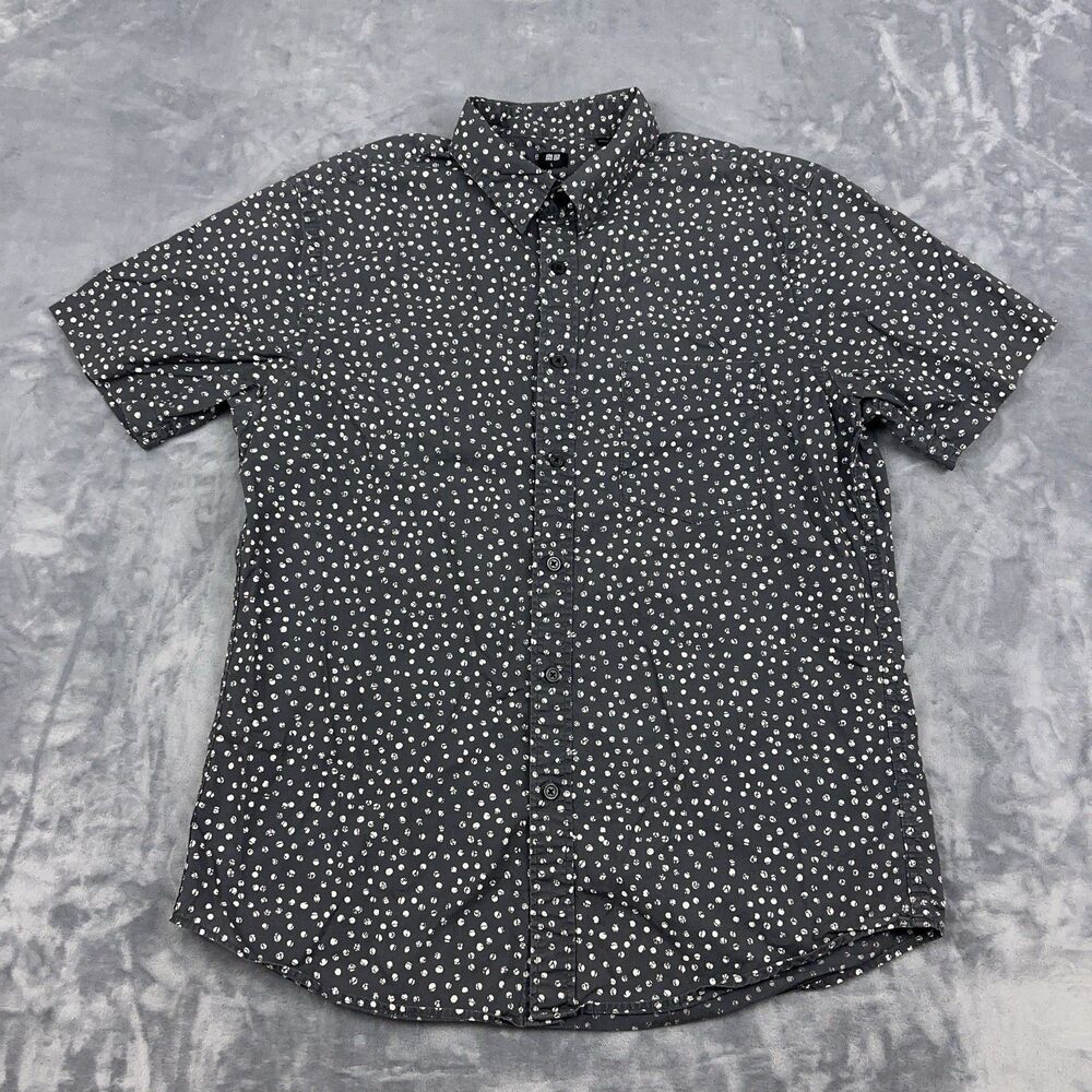 Uniqlo Shirt Mens Sz L Gray Button Up Abstract Dots Pocket All Over Print AOP